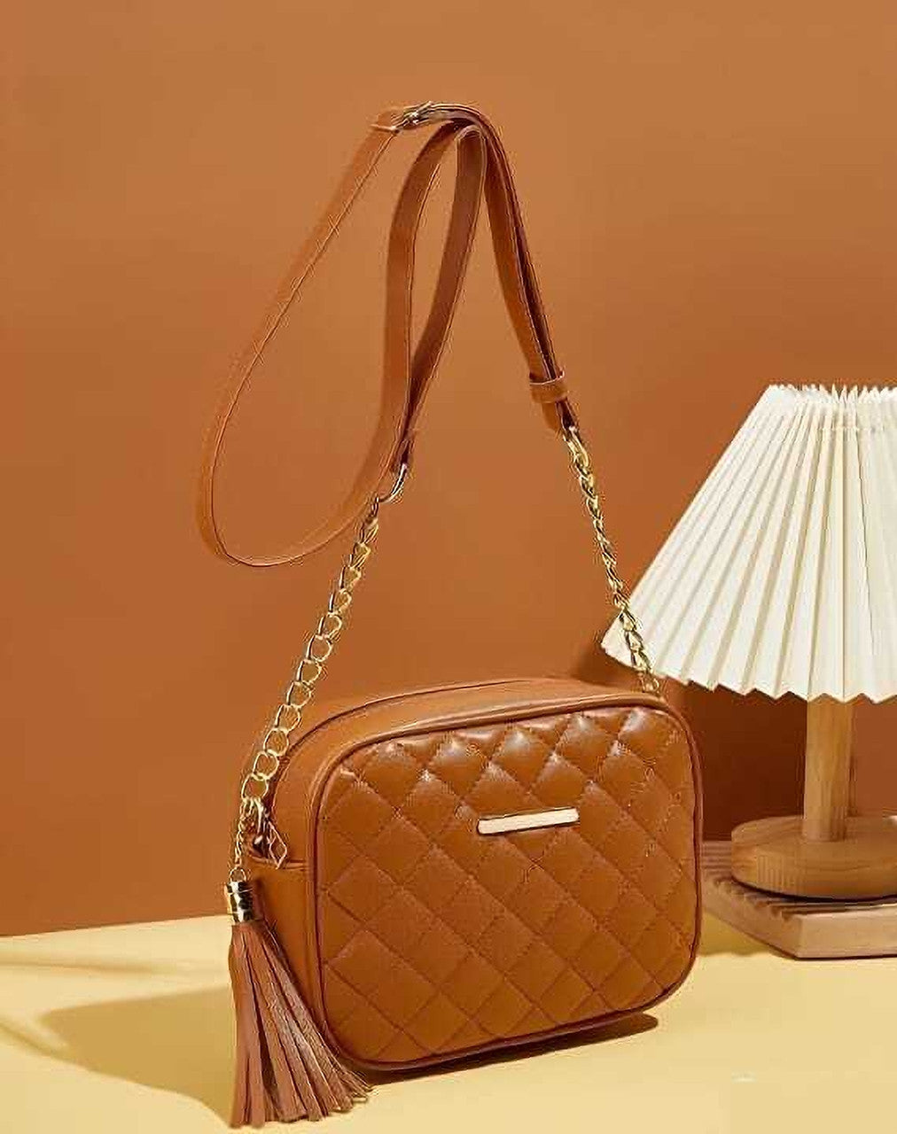 Women Quilted Crossbody Sling Bag | Trendy PU Leather Shoulder Bag with Tassel & Chain Strap – Black | Cream | Compact Everyday Bag for Women & Girls