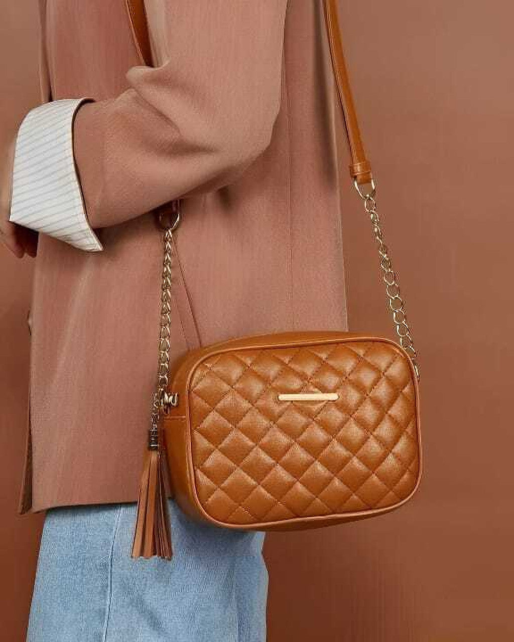Women Quilted Crossbody Sling Bag | Trendy PU Leather Shoulder Bag with Tassel & Chain Strap – Black | Cream | Compact Everyday Bag for Women & Girls