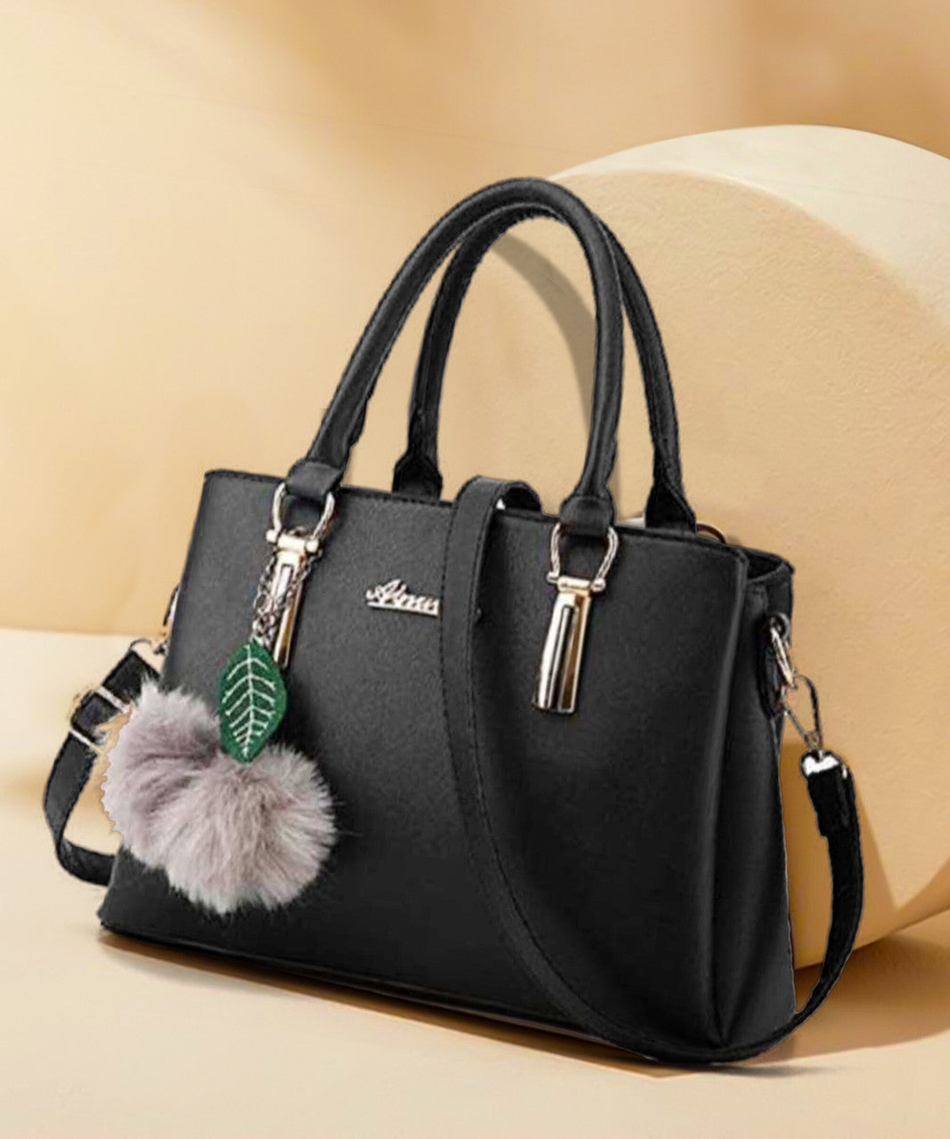 Stylish Pink PU Leather Handbag for Women | Adjustable Handle, Golden Buckle & Pom-Pom Charm