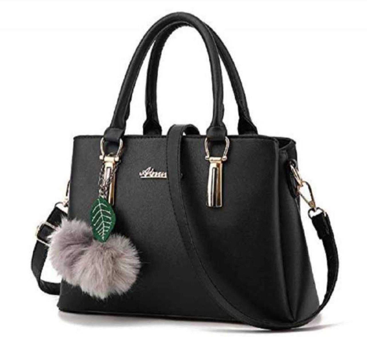 Stylish Pink PU Leather Handbag for Women | Adjustable Handle, Golden Buckle & Pom-Pom Charm