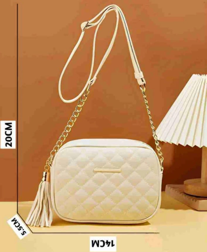 Women Quilted Crossbody Sling Bag | Trendy PU Leather Shoulder Bag with Tassel & Chain Strap – Black | Cream | Compact Everyday Bag for Women & Girls