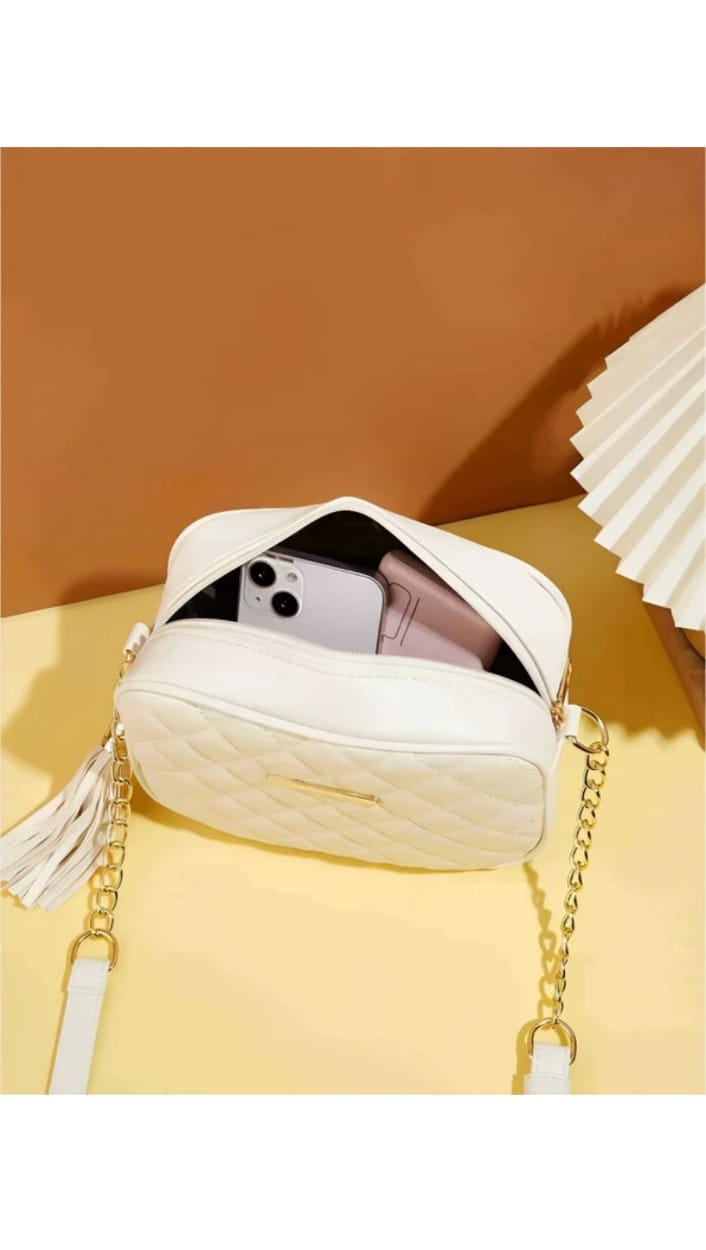 Women Quilted Crossbody Sling Bag | Trendy PU Leather Shoulder Bag with Tassel & Chain Strap – Black | Cream | Compact Everyday Bag for Women & Girls