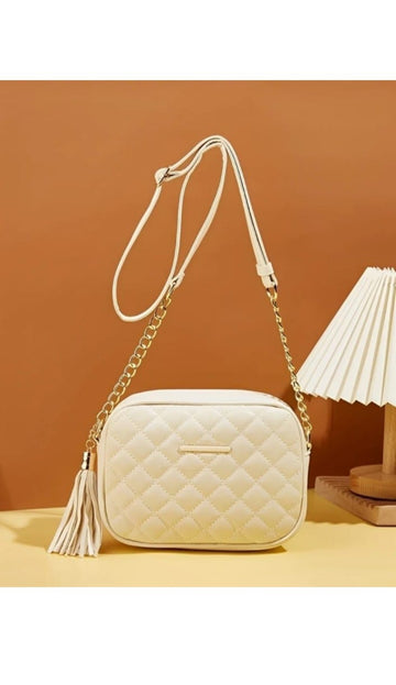 Women Quilted Crossbody Sling Bag | Trendy PU Leather Shoulder Bag with Tassel & Chain Strap – Black | Cream | Compact Everyday Bag for Women & Girls