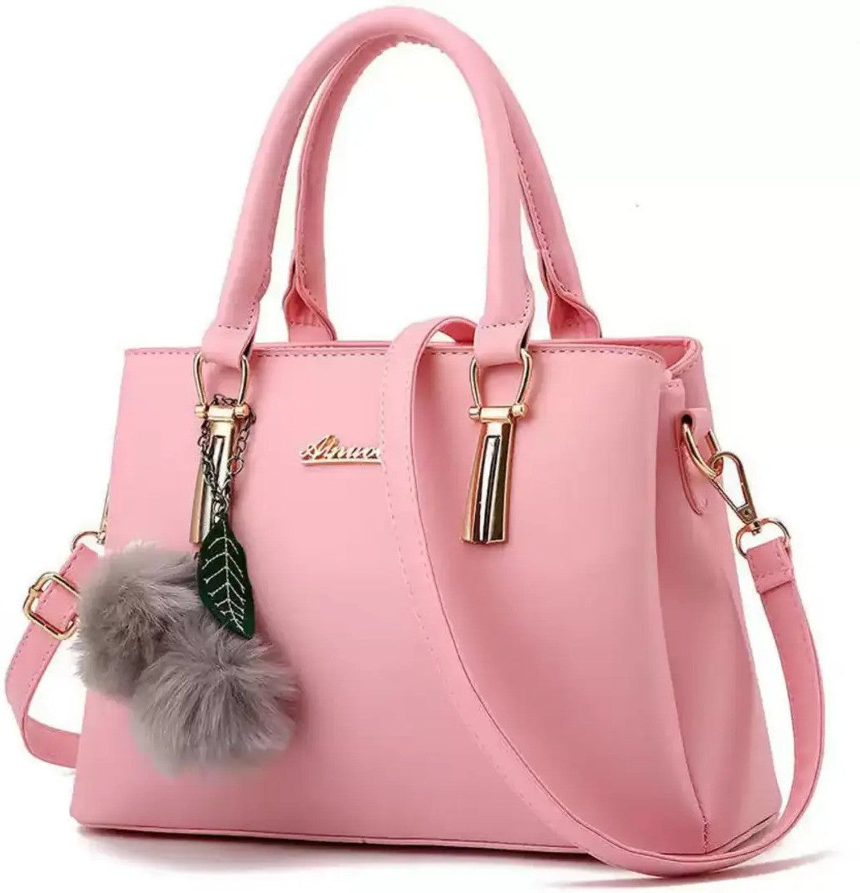Stylish Pink PU Leather Handbag for Women | Adjustable Handle, Golden Buckle & Pom-Pom Charm