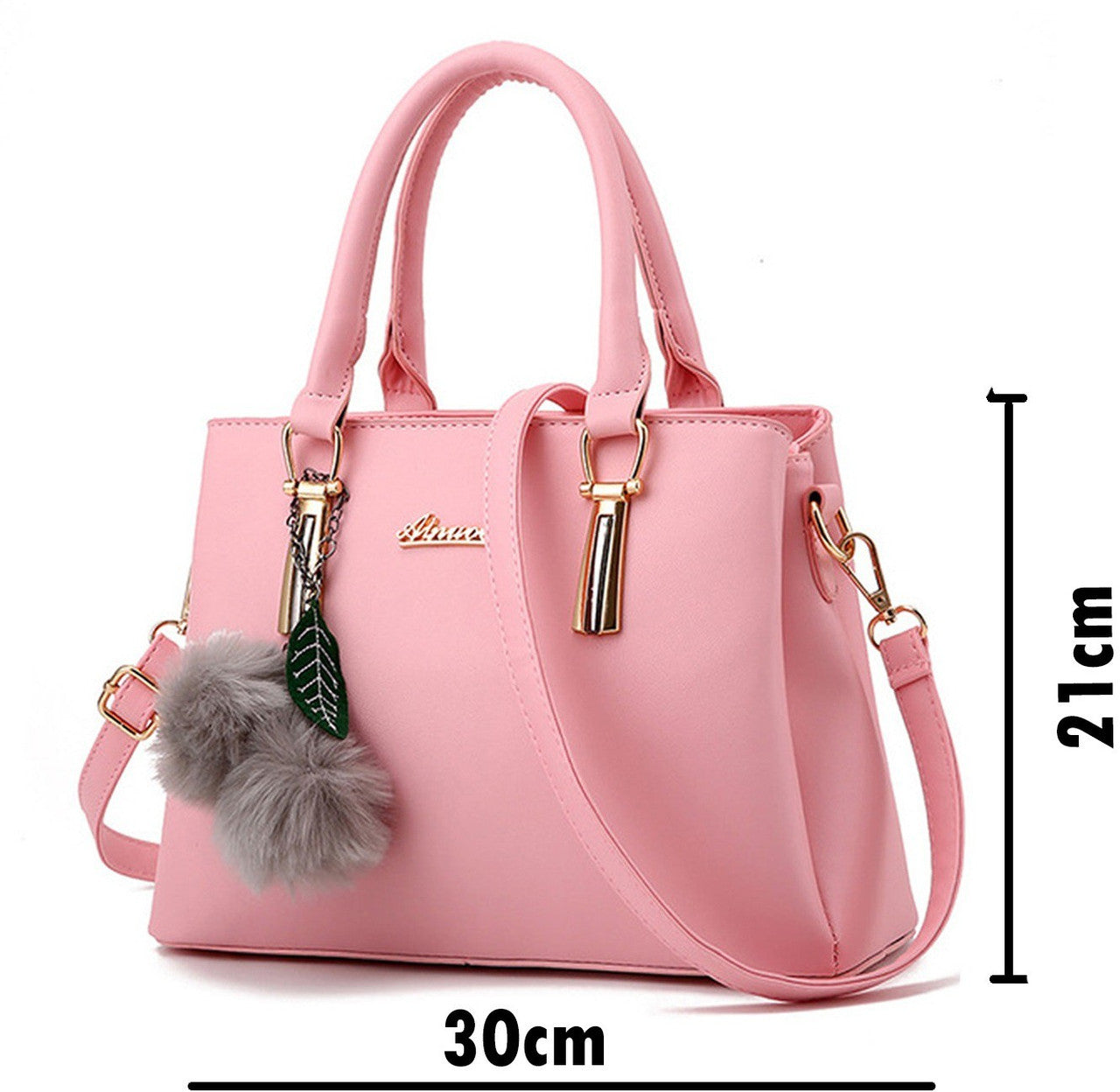 Stylish Pink PU Leather Handbag for Women | Adjustable Handle, Golden Buckle & Pom-Pom Charm
