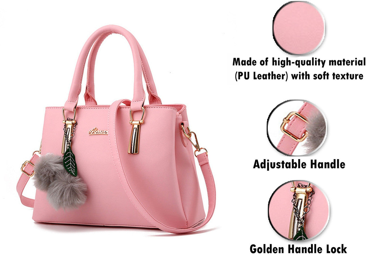Stylish Pink PU Leather Handbag for Women | Adjustable Handle, Golden Buckle & Pom-Pom Charm
